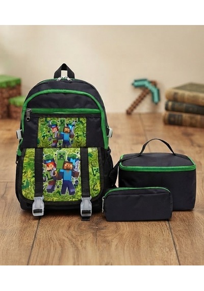 İlkokul 3 Lü Set Karekter Desenli Laptop Bölmeli Kalemlik,beslenme Çantalı Erkek Çocuk Okul Sırt Çantası 40 27 17 Cm Ebat siyah