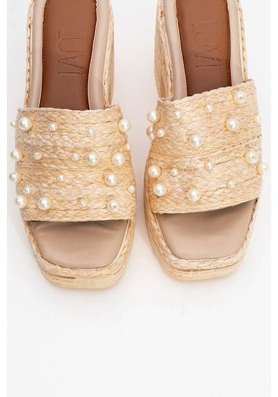 Luvishoes Luvi Shoes Rayne Bej Hasır İncili Kadın Platform Topuklu Terlik Bej
