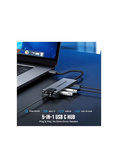 Lemorele Tc24, 5 İn 1 Çoğaltıcı Hub - 1x Rj45 İnternet 2x Usb 3.0 4k Hdmı Ve Type-c Pd Şarj Girişli Çoklayıcı