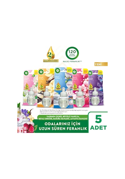 Elektrikli Oda Kokusu Yedek Yasemin Çiçeği + Büyülü Vanilya + Beyaz Orkide + Sakura Bahçesi + Lavanta Bahçesi 5x19 Ml Karışık