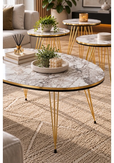 Sulorahome 4'lü Mermer Desenli Sehpa Seti Gold Metal Ayaklı Beyaz Mermer - Altın Sulorahome 4'lü Mermer Desenli Sehpa Seti Gold Metal Ayaklı Beyaz Mermer - Altın