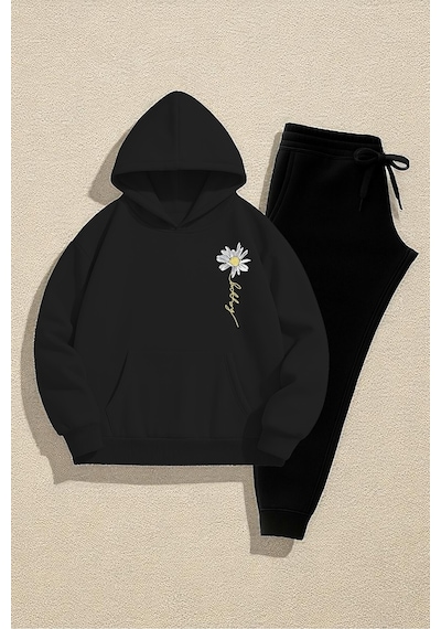 Uyguntarz Unisex Papatya Happy Baskılı Tasarım Oversize Sweatshirt Eşofman Takım Siyah