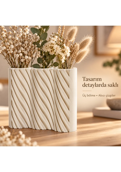 Çizgili Modern Tasarım Üç Bölmeli Dekoratif Vazo - Çiçeklik Krem