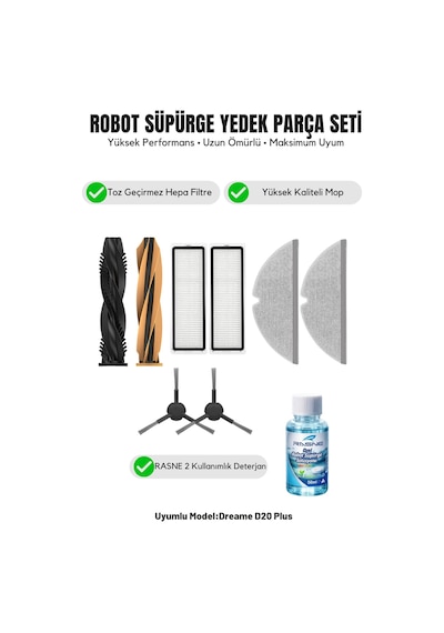Dreame D20 Plus İle Uyumlu 1 Ana Fırça 2 Yan Fırça 2 Filtre 2 Mop 1 Deterjan 3.0