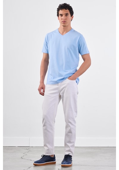 Dufy Açık Mavi V Yaka Pamuklu Düz Renk Slim Fit Erkek T-shirt Mavi