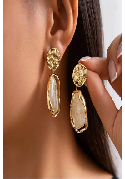 Metalik Natural Stone Küpe Beyaz