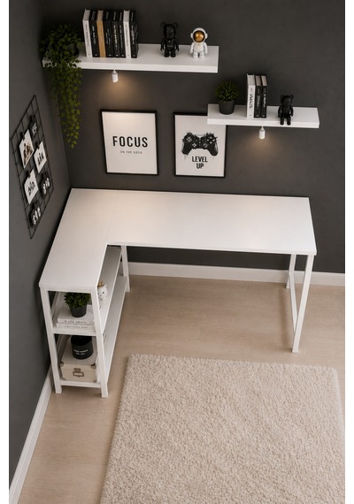 Beyaz L Masa, Kitaplıklı, Raflı, 120 Cm Çalışma Masası, Bilgisayar, Pc, Oyuncu, Gaming Masası Metal Ayaklı