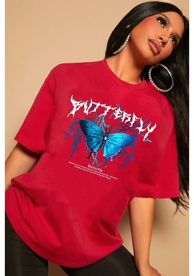 Flood Of Style Unisex Blue Butterfly Baskılı T-shirt Kırmızı