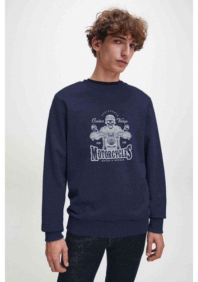 American Moto Costum Vintage Baskılı Indigo Mavi Erkek Sweatshirt