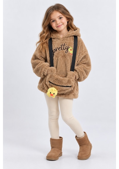 Ahengim Kız Çocuk Peluş Kapüşonlu Sweatshirt Pretty Nakışlı Oyuncak Aksesuarlı Çantalı Kışlık Üst Ak4130 Kahverengi