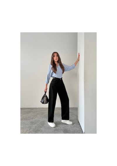 Blue Marlın Yan Kemer Siyah Tokalı Kargo Cep Detaylı Baggy Jeans Siyah