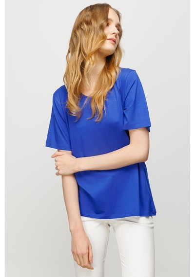 Kadın Sıfır Yaka Basic Penye T-shirt Saks Saks