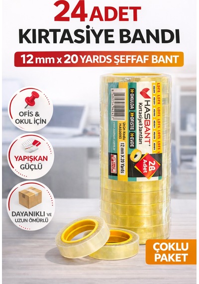 24 Adet Kırtasiye Bandı 12 Mm X 20 Yards Şeffaf Bant Güçlü Yapışkan Ofis Okul Ev Kullanımı Bant Seti