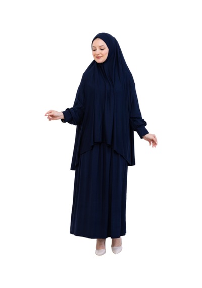 Modish Group İki Parça Namaz Elbisesi Uzun Pamuklu Tesettür Giyim Abaya & Başörtüsü Set Lacivert