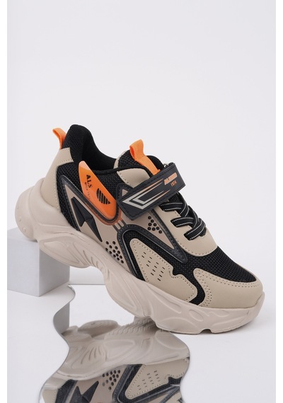 Muggo Panter Kalın Taban Cırtlı Ve Bağcıklı Unisex Çocuk Sneaker Spor Ayakkabı Bej