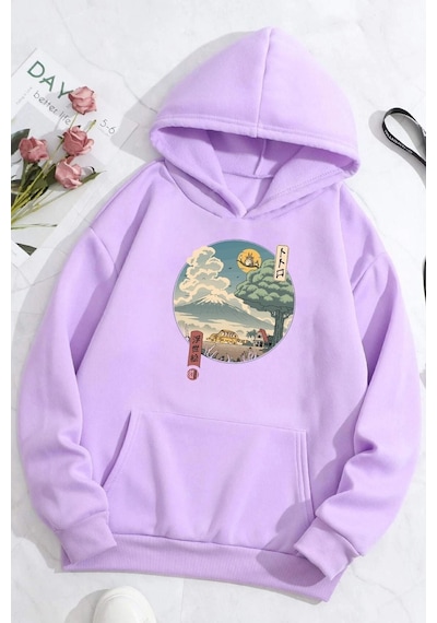 Uyguntarz Unisex Neighbor's Ukiyo E Baskılı Sweatshirt Lila
