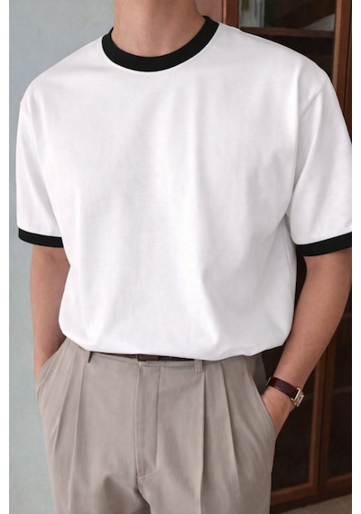 Tarz Cool Erkek Kontrast Yaka Basic Tişört Modern Ve Şık T-shirt Beyaz