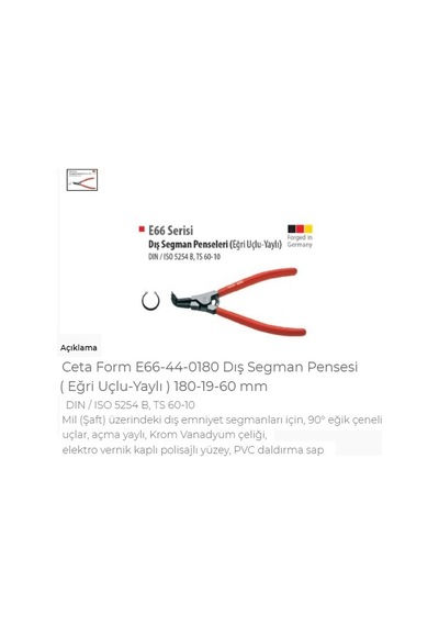 Ceta Form E66-44-0180 Dış Segman Pensesi ( Eğri Uçlu-Yaylı ) 180-