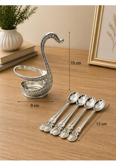 Kaşıklık Seti 6 Lı Metal Kaşık Standı Dekoratif Çay Kaşığı Seti Kuğu Tasarımlı 12 Cm Kaşık 15 Cm Stand Gri