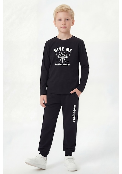 Panios Kids 3'lü Yuvarlak Yaka Sweatshirt Siyah Eşofmanlı Baskı Detaylı 6 Parça Erkek Çocuk Alt Üst Takım Siyah - Mint Yeşili
