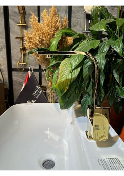 İsaoğlu Yapı Gold Lavabo Bataryası Kolay Abdest Yüksek Model Banyo Musluğu Kare Tasarım Armatür Gold