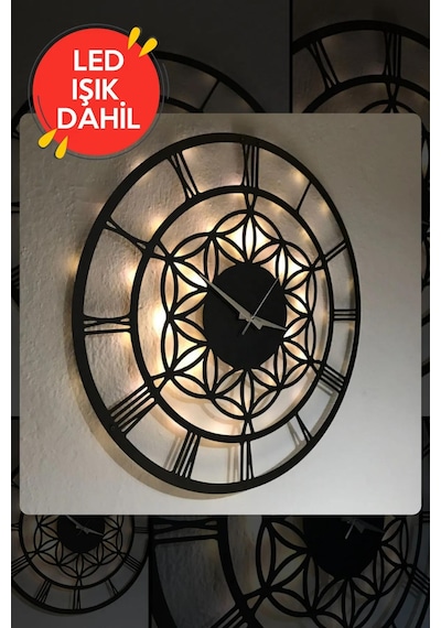 Led Işıklı Çiçek Duvar Saati Sessiz Dekoratif Modern Siyah Ahşap Siyah