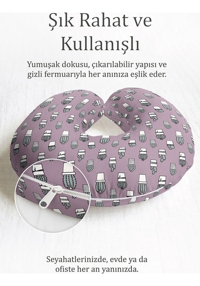 Kaktüs Desenli Ergonomik Boyun Yastığı - Modern Pastel Lila Yeşil Seyahat Yastığı Açık Ayışığı Şarap
