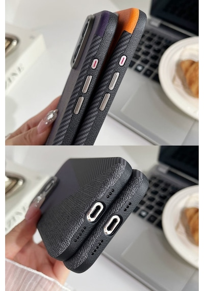 Apple Uyumlu iPhone Akfa 15 Pro Craft Serisi Deri Karbon Ve Kumaş Tasarımlı Lüks Premium Telefon Kılıfı Siyah