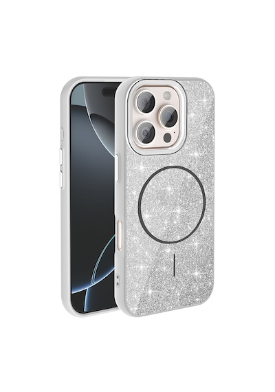 Apple, Uyumlu iPhone 16 Pro Max Kılıf M-safe Şarj Özellikli Parlayan Simli Zore Okso Kapak Beyaz