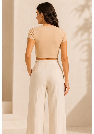 Loule Kadın Bisiklet Yaka Kısa Kollu Crop Top Bej %92 Pamuk