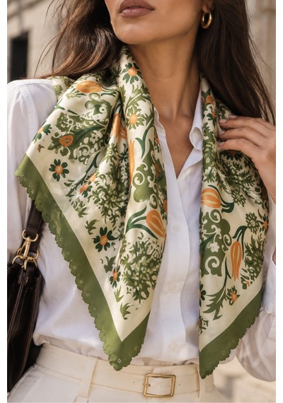 Tarzını Seç Haki Anadolu Lalesi Desenli Dantel Oya Kesim Fular / Bandana 70 X 70 Cm