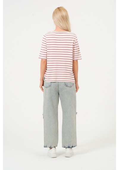 Kadın Çizgili Tişört Oversize T-shirt Çok Renkli