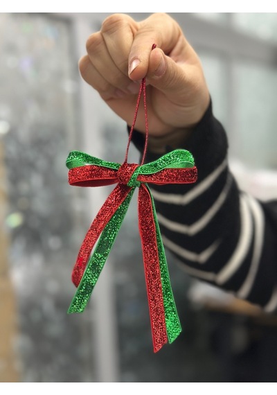 Paşateks Çift Renk 1 Cm Yeşil/kırmızı Simli Fiyonk Askılı Noel Ağaç Süsü