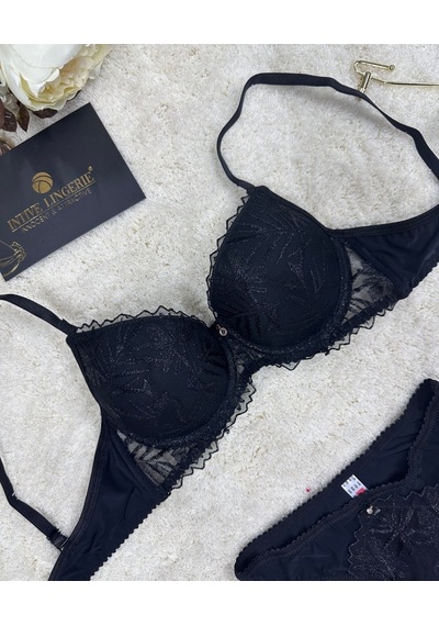 Le Jardin Parlak Simli İpli Brodeli Push-up Sütyen Külot Takım-50 Siyah