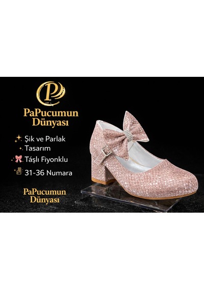 Papucumun Dünyası Topuklu Fiyonklu Kız Çocuk Babet Pembe