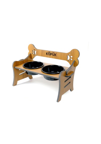 Köpek Su Ve Mama Kabı Standı-özel İsim Baskılı-suya Dayanıklı-ceviz Cdf- Siyah Seramik Kase-2 1000ml