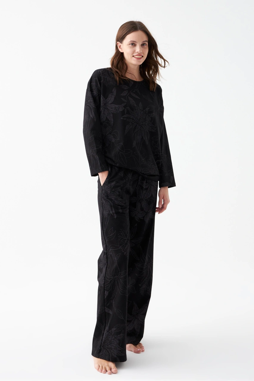 Akbeniz Kadın Oversize Siyah Çiçek Desenli Pamuklu Kalın Pijama Takımı Siyah