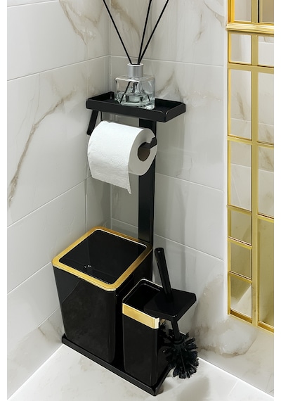 3'ü 1 Arada Banyo Seti Tuvalet Kağıtlık, Çöp Kovası Ve Tuvalet Fırça Takımı Altın - Siyah