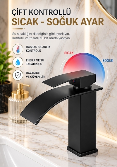 Siyah Şelale Lavabo Bataryası Mat Siyah Kare Banyo Lavabo Musluğu Paslanmaz Gövde Tek Kollu Sıcak Soğuk Batarya