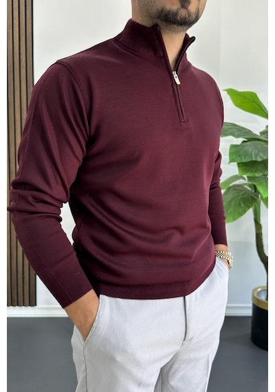 Edwox Erkek Yarım Fermuarlı Normal Kalıp Kazak Bordo Edw411 Bordo