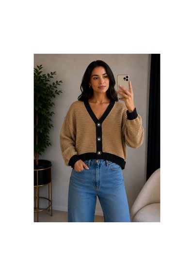 Hira Life Fashion Kadın V Yaka Düğmeli Şeritli Kısa Crop Ceket-hırka Vizon Vizon