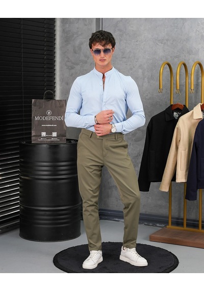 Modefendi %100 Pamuklu Slimfit Gizli Kanun Yaka Gömlek Mavi