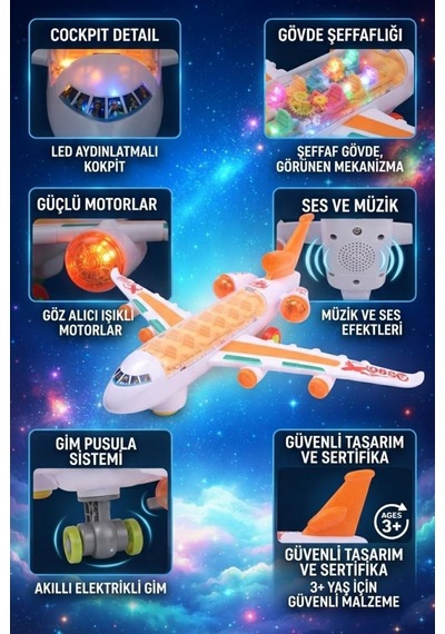 Şeffaf Gövdeli Işıklı Ve Müzikli Dönen Gimbal Mekanizmalı Akıllı Elektrikli 32 Cm Oyuncak Uçak
