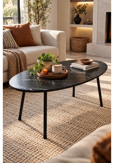 Sulorahome Siyah Oval Orta Sehpa Metal Ayaklı