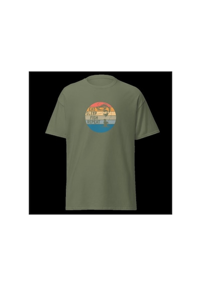 Wildstyle Retro Balık Gün Batımı Vintage Balıkçılık Deniz Baskılı Unisex Bisiklet Yaka Pamuklu Tişört Haki
