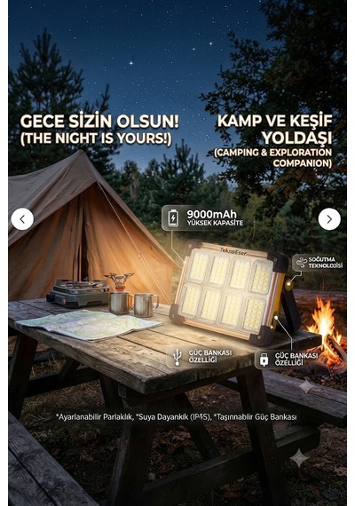 Solar Şarjlı Led Kamp Lambası Taşınabilir Powerbank Ipx5 Suya Dayanıklı Işıldak Siyah