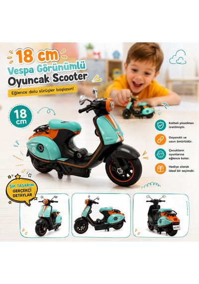 18 Cm Vespa Görünümlü Oyuncak Scooter Siyah - Yeşil