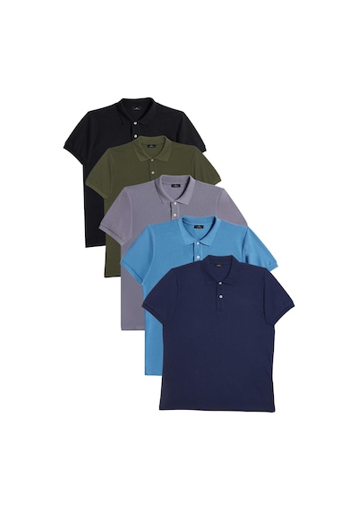 Tudors Erkek 5'li Paket Lacivert-mavi-gri-haki-siyah Slim Fit Pamuklu Düz Pike Polo Yaka Tişört-34602 Multi