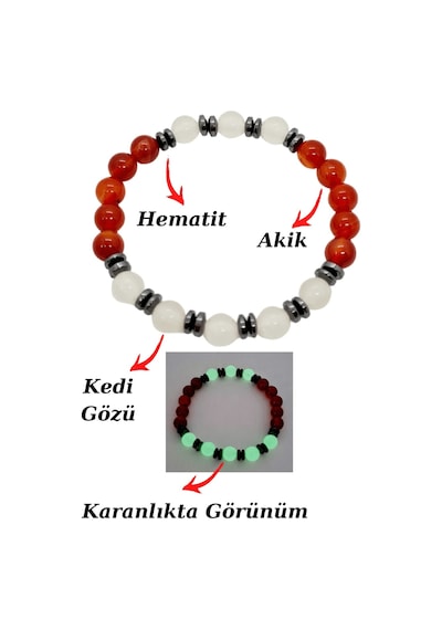 Gümüştel El Sanatları Sertifikalı Akik Kedi Gözü Hematit Doğal Taş Bileklik Karanlıkta Işık Saçar Çok Renkli