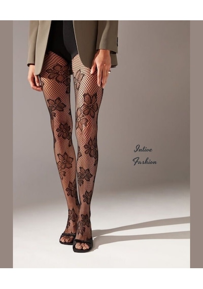 Intive Fashion Jane Büyük Çiçek Desenli File Modern Külotlu Çorap Bordo-siyah Siyah